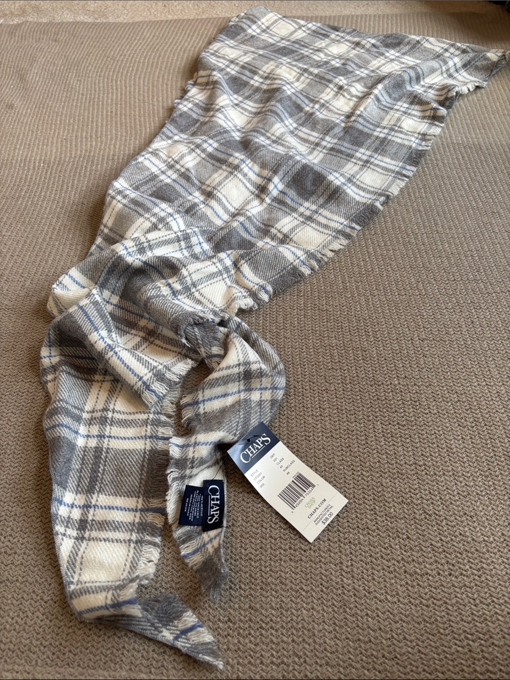 Chaps Plaid Scarf in Cream, Gray and Blue